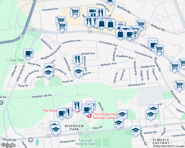 map of restaurants, bars, coffee shops, grocery stores, and more near 516 Avalon Place in Ottawa