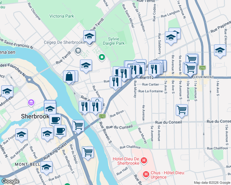 map of restaurants, bars, coffee shops, grocery stores, and more near 277 Rue King Est in Sherbrooke