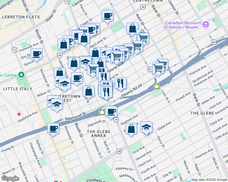 map of restaurants, bars, coffee shops, grocery stores, and more near 283 Arlington Avenue in Ottawa