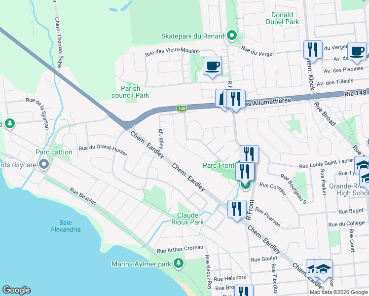 map of restaurants, bars, coffee shops, grocery stores, and more near Rue Coleman in Gatineau