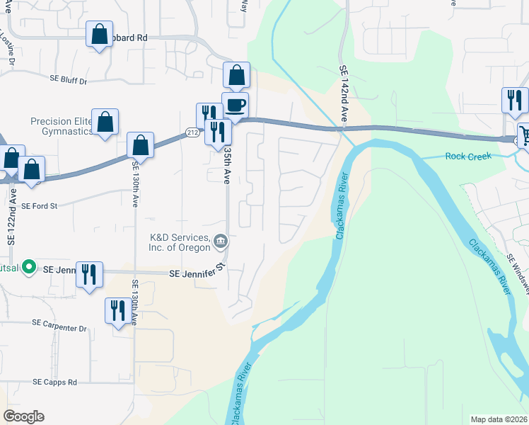 map of restaurants, bars, coffee shops, grocery stores, and more near 13648 Southeast Highway 212 in Clackamas County