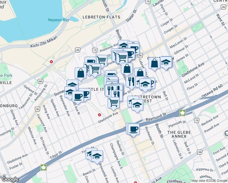 map of restaurants, bars, coffee shops, grocery stores, and more near 181 Preston Street in Ottawa