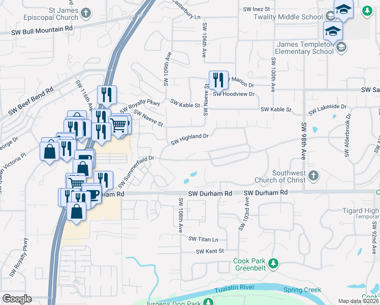 map of restaurants, bars, coffee shops, grocery stores, and more near 15655 Southwest Old Orchard Place in Tigard