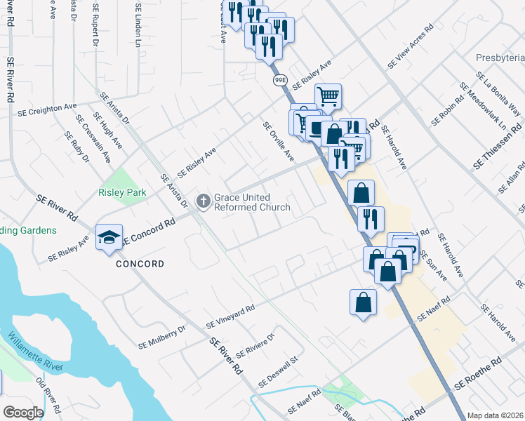 map of restaurants, bars, coffee shops, grocery stores, and more near 16103 Southeast Southview Avenue in Milwaukie