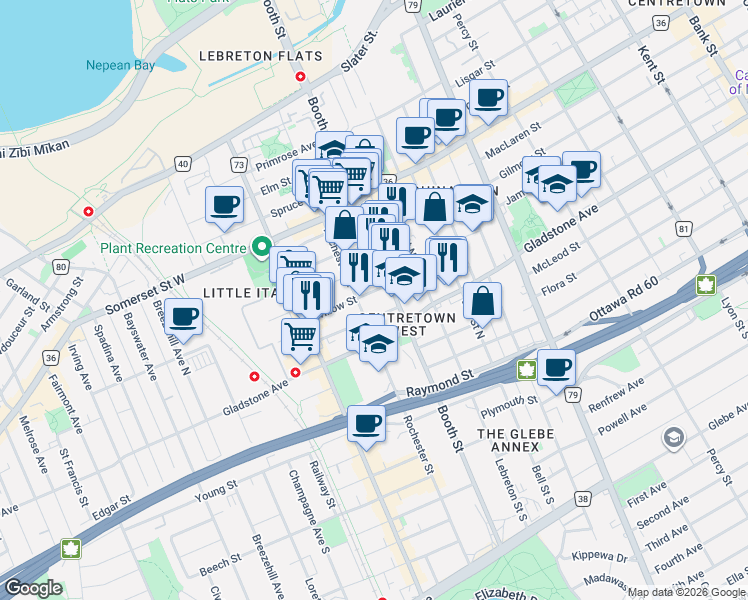 map of restaurants, bars, coffee shops, grocery stores, and more near in Ottawa