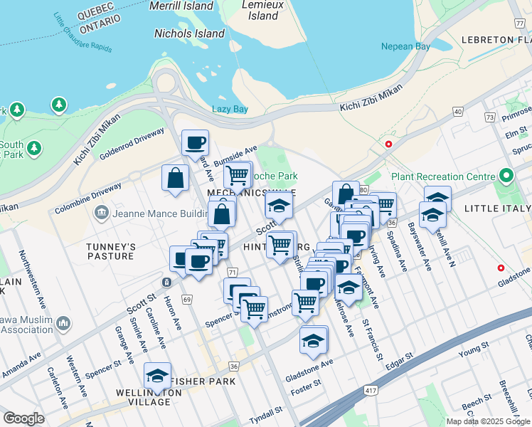 map of restaurants, bars, coffee shops, grocery stores, and more near 8 Stirling Avenue in Ottawa