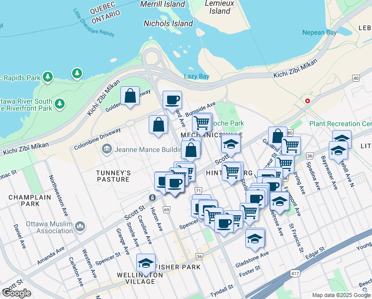 map of restaurants, bars, coffee shops, grocery stores, and more near 184 Forward Avenue in Ottawa