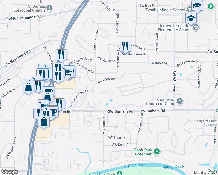 map of restaurants, bars, coffee shops, grocery stores, and more near 15655 Southwest Old Orchard Place in Tigard