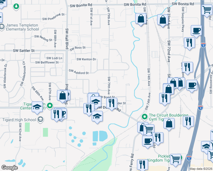 map of restaurants, bars, coffee shops, grocery stores, and more near 7924 Southwest Kelso Court in Tigard