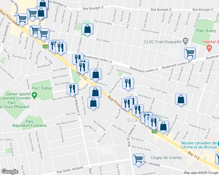 map of restaurants, bars, coffee shops, grocery stores, and more near 546 Rue Boivin in Granby