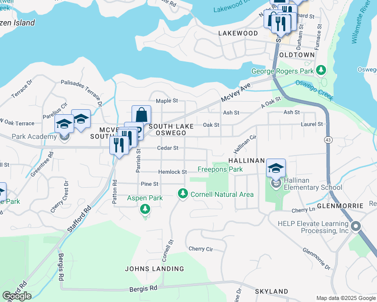 map of restaurants, bars, coffee shops, grocery stores, and more near 1132 Southwest Cedar Street in Lake Oswego