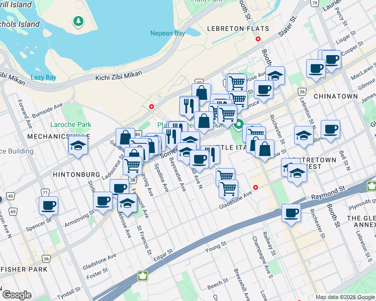 map of restaurants, bars, coffee shops, grocery stores, and more near 45 Breezehill Avenue North in Ottawa