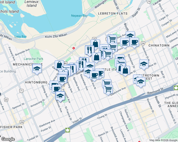 map of restaurants, bars, coffee shops, grocery stores, and more near 45 Breezehill Avenue North in Ottawa