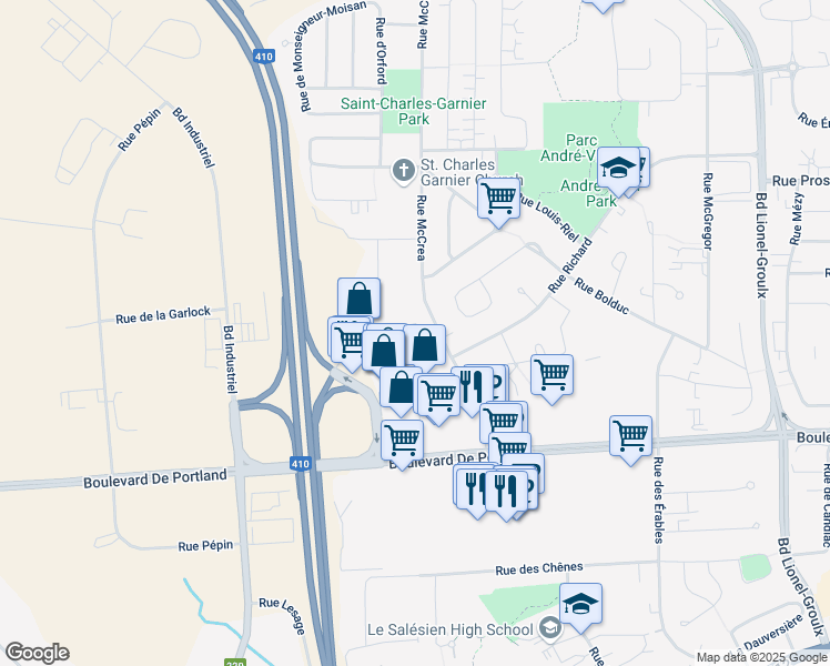 map of restaurants, bars, coffee shops, grocery stores, and more near 3705 Rue Duclos in Sherbrooke