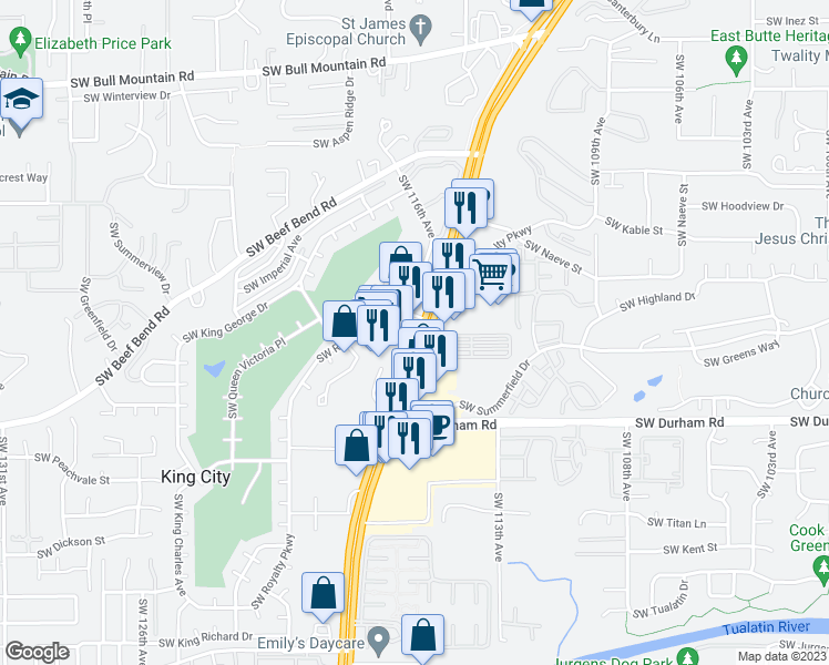 map of restaurants, bars, coffee shops, grocery stores, and more near 15563-15619 Southwest Pacific Highway in King City