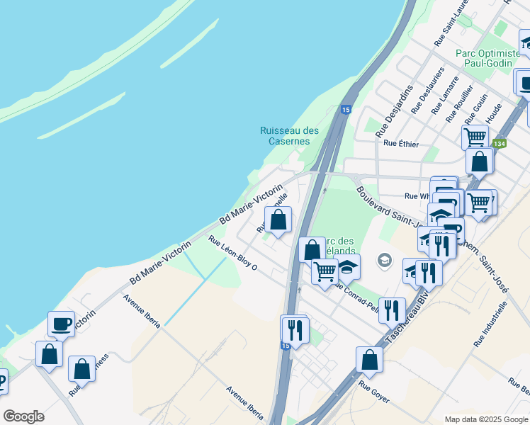 map of restaurants, bars, coffee shops, grocery stores, and more near 1220 Rue Fournelle in La Prairie
