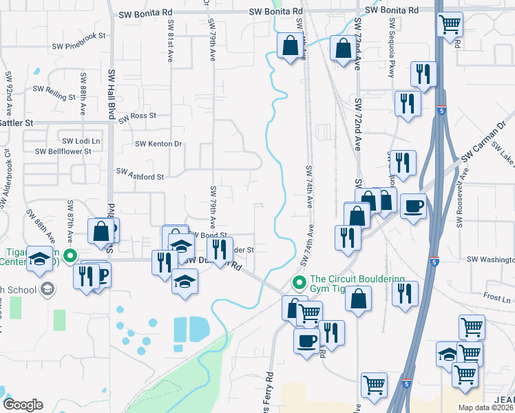 map of restaurants, bars, coffee shops, grocery stores, and more near 7590 Southwest Onnaf Court in Tigard