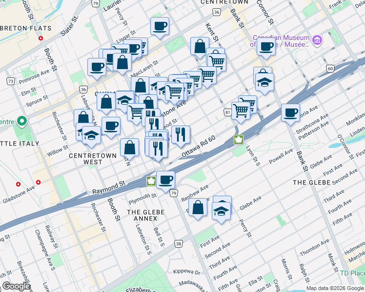 map of restaurants, bars, coffee shops, grocery stores, and more near 270 Arlington Avenue in Ottawa
