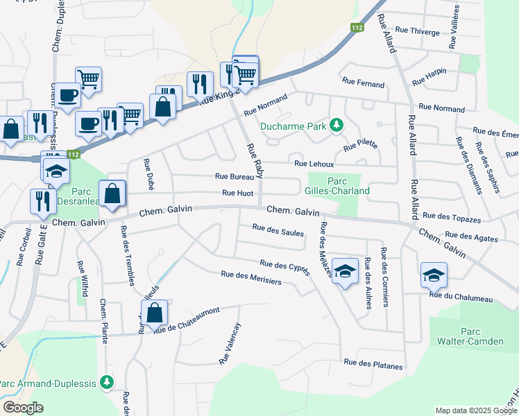 map of restaurants, bars, coffee shops, grocery stores, and more near Chemin Galvin in Sherbrooke