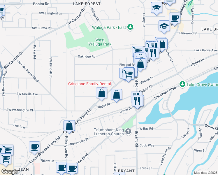 map of restaurants, bars, coffee shops, grocery stores, and more near 16577 Boones Ferry Road in Lake Oswego