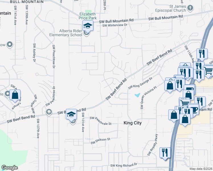 map of restaurants, bars, coffee shops, grocery stores, and more near 15655 Southwest Greenfield Drive in Tigard