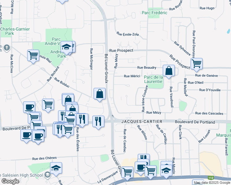 map of restaurants, bars, coffee shops, grocery stores, and more near 2905 Rue Mézy in Sherbrooke