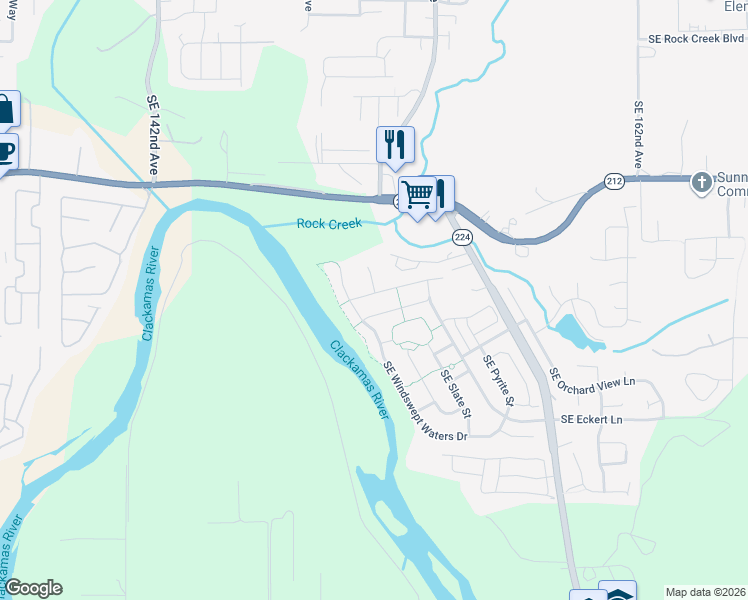 map of restaurants, bars, coffee shops, grocery stores, and more near 15149 Southeast Shale Drive in Damascus