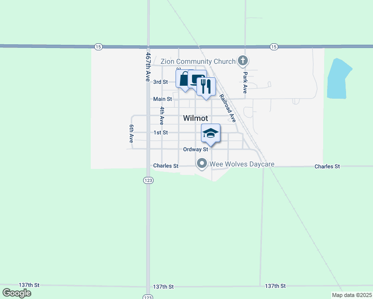 map of restaurants, bars, coffee shops, grocery stores, and more near Ordway Street in Wilmot