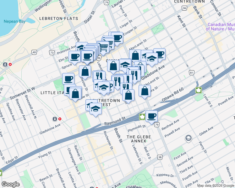 map of restaurants, bars, coffee shops, grocery stores, and more near Gladstone Avenue in Ottawa