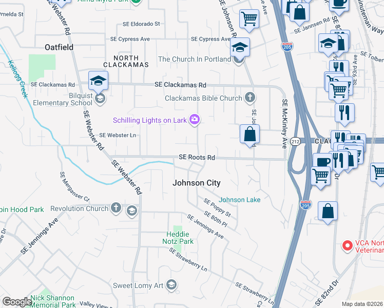 map of restaurants, bars, coffee shops, grocery stores, and more near 7975 Southeast Roots Road in Milwaukie