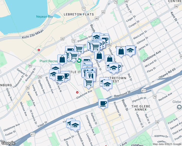 map of restaurants, bars, coffee shops, grocery stores, and more near 86 Poplar Street in Ottawa