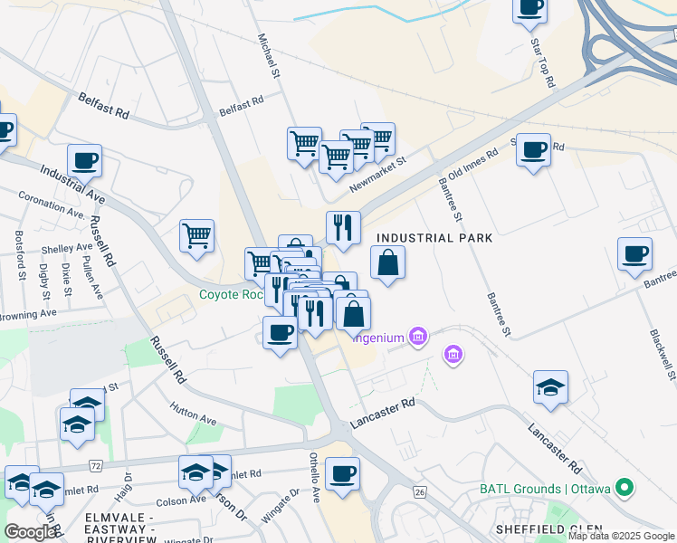 map of restaurants, bars, coffee shops, grocery stores, and more near 2212 Gladwin Crescent in Ottawa