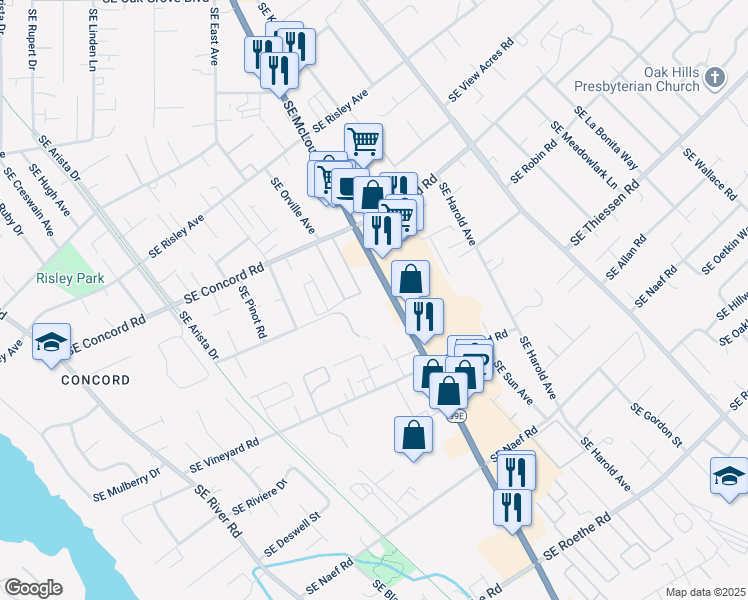 map of restaurants, bars, coffee shops, grocery stores, and more near 16065 Southeast McLoughlin Boulevard in Oak Grove