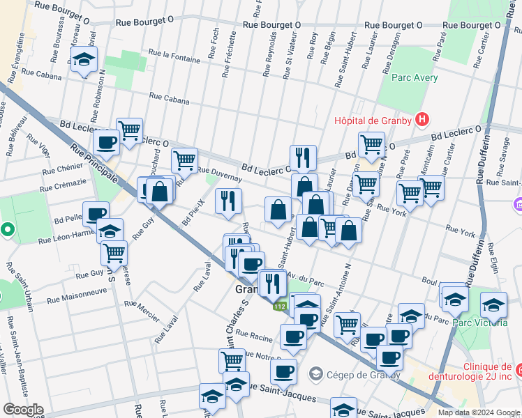 map of restaurants, bars, coffee shops, grocery stores, and more near 438 Rue Saint Jean in Granby