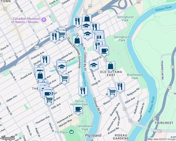 map of restaurants, bars, coffee shops, grocery stores, and more near 413 Echo Drive in Ottawa