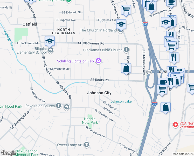 map of restaurants, bars, coffee shops, grocery stores, and more near 7970 Southeast Posey Street in Milwaukie