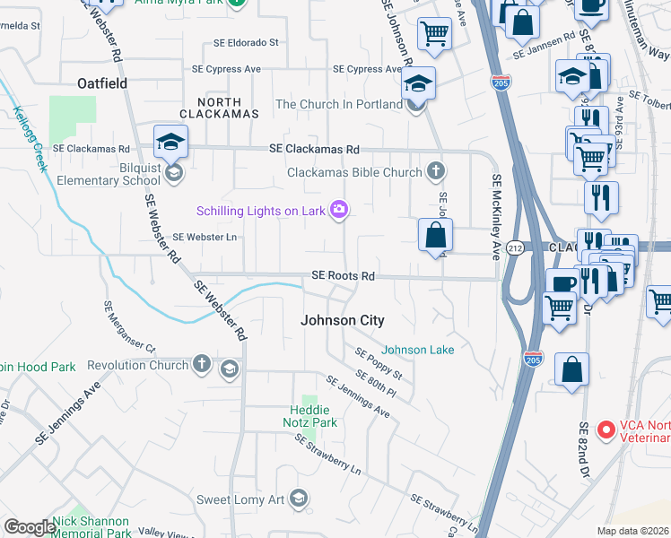 map of restaurants, bars, coffee shops, grocery stores, and more near 7970 Southeast Posey Street in Milwaukie