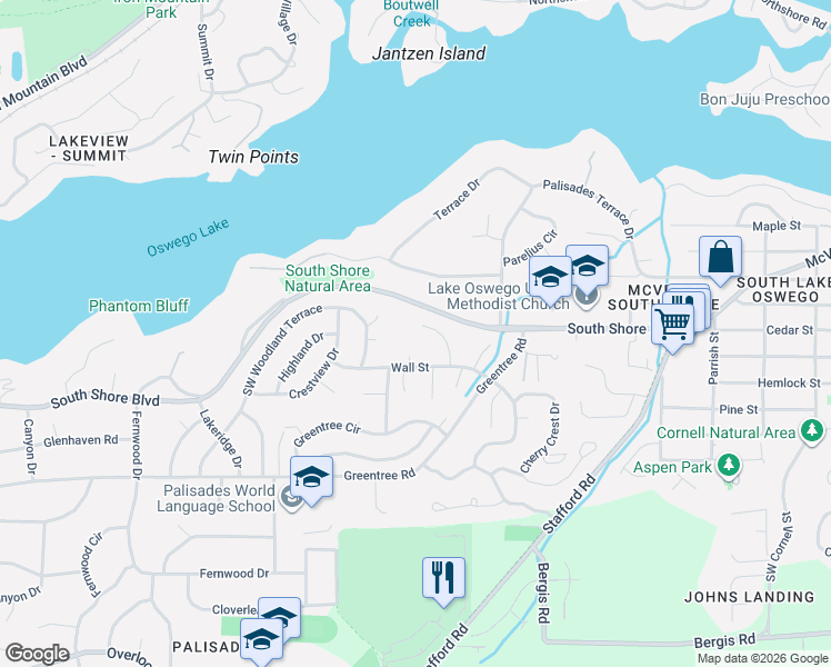 map of restaurants, bars, coffee shops, grocery stores, and more near 17190 Wall Street in Lake Oswego