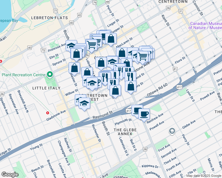 map of restaurants, bars, coffee shops, grocery stores, and more near 43 Ruelle Arthur Lane North in Ottawa