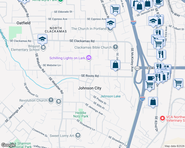 map of restaurants, bars, coffee shops, grocery stores, and more near 16060 Southeast Lark Avenue in Milwaukie