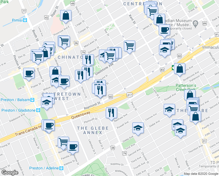 map of restaurants, bars, coffee shops, grocery stores, and more near 277 Arlington Avenue in Ottawa