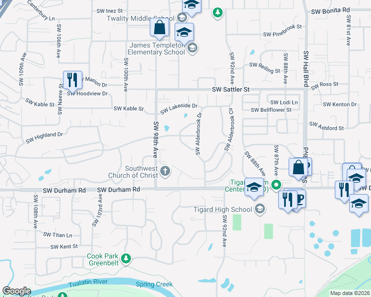 map of restaurants, bars, coffee shops, grocery stores, and more near 15641 Southwest Summerfield Lane in Tigard