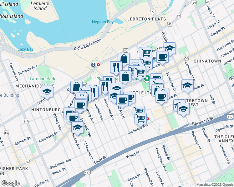 map of restaurants, bars, coffee shops, grocery stores, and more near 1040 Somerset Street West in Ottawa