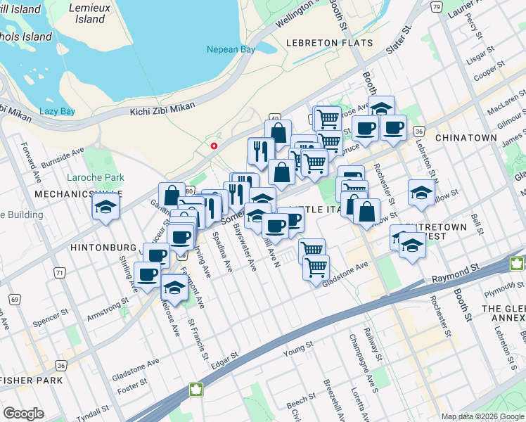 map of restaurants, bars, coffee shops, grocery stores, and more near 1040 Somerset Street West in Ottawa