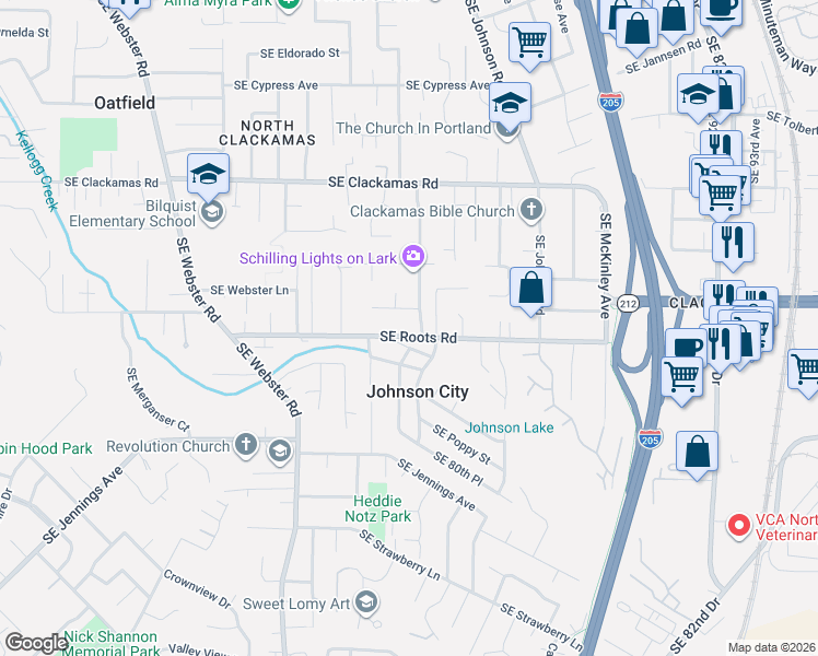 map of restaurants, bars, coffee shops, grocery stores, and more near 7975 Southeast Roots Road in Milwaukie