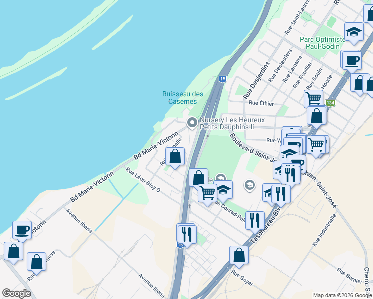 map of restaurants, bars, coffee shops, grocery stores, and more near 1120 Rue Cloutier in La Prairie