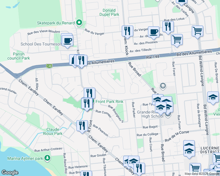 map of restaurants, bars, coffee shops, grocery stores, and more near 11 Rue Prentiss in Gatineau