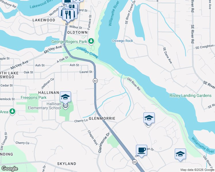 map of restaurants, bars, coffee shops, grocery stores, and more near 1730 Yarmouth Circle in Lake Oswego