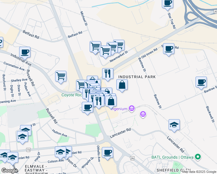 map of restaurants, bars, coffee shops, grocery stores, and more near 2212 Gladwin Crescent in Ottawa