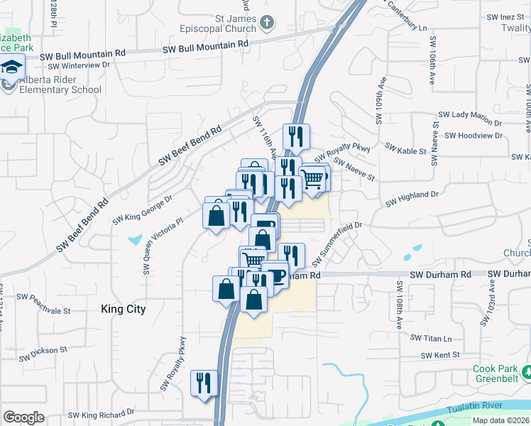 map of restaurants, bars, coffee shops, grocery stores, and more near 15563-15619 Southwest Pacific Highway in King City